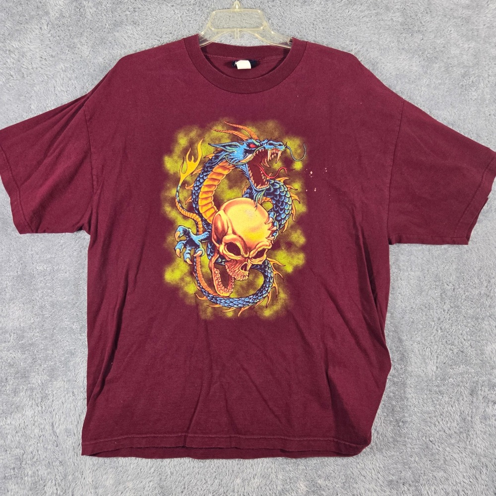 HB Sport Harbor Bay Dragon Skull Graphic T-Shirt Mens 2XL Burgundy Made in USA